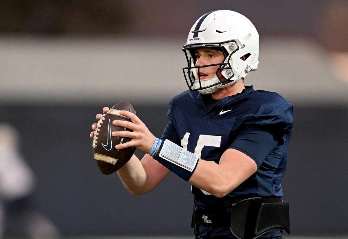 Penn State quarterback Drew Allar drops back to make a pass during practice on Wednesday, Nov. 8, 2023.