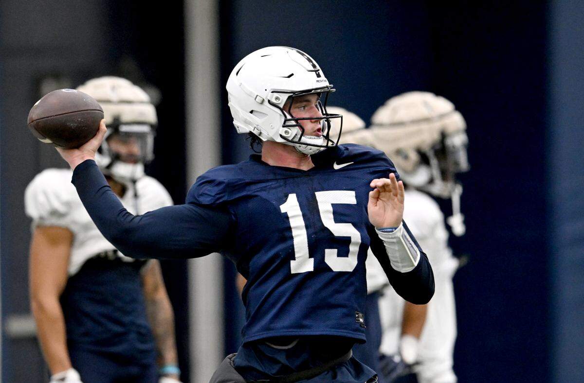 Penn State quarterback Drew Allar makes a pass during practice on Wednesday, Oct. 2, 2024.
