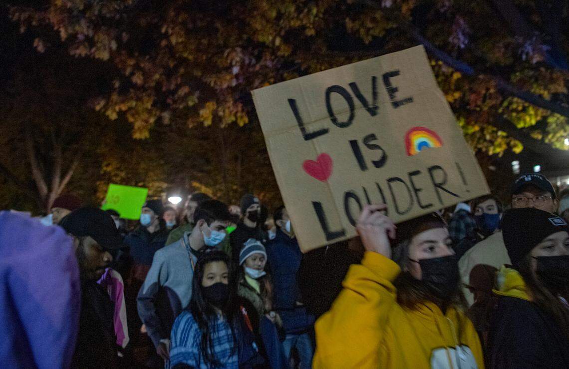Penn State students protested the Milo Yiannopoulos “Pray the Gay Away” event outside of the Thomas Building on Wednesday, Nov. 3, 2021.