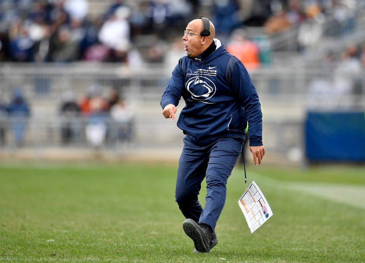 Penn State football coach James Franklin yells to his players during the game against Rutgers on Saturday, Nov. 20, 2021.