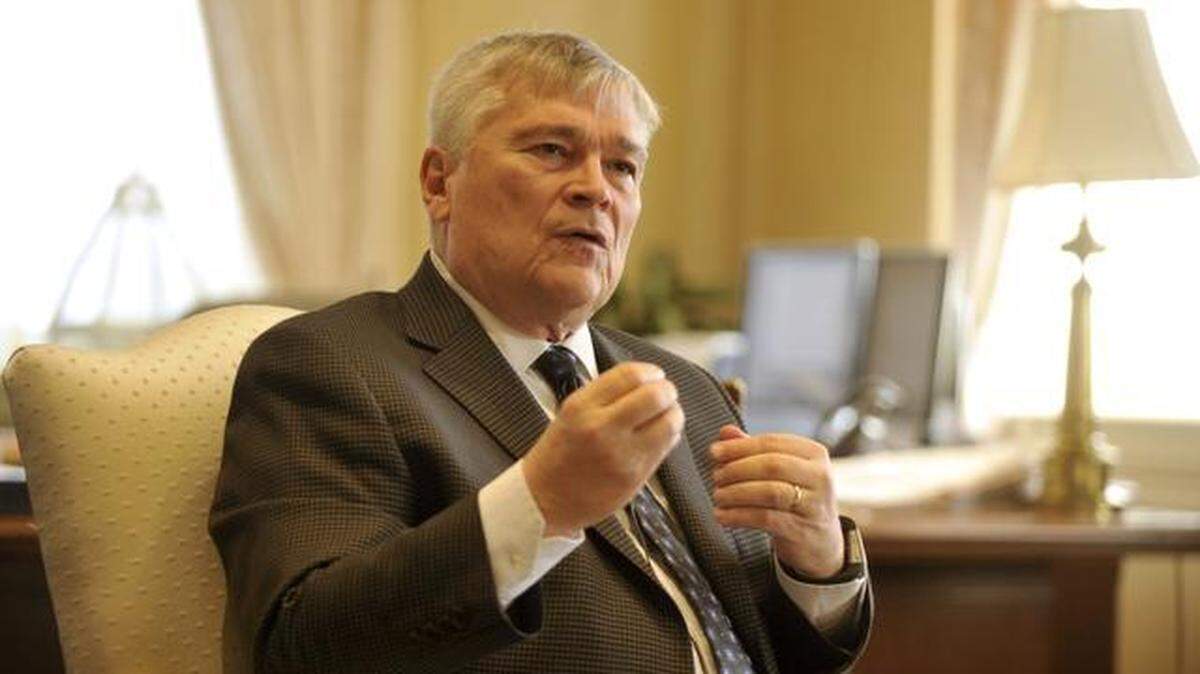 Penn State president Eric Barron talks during an interview with the Centre Daily Times in his office at Old Main on Tuesday, Jan. 27, 2015.
