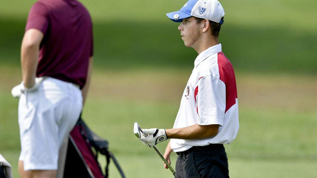 Bellefonte golfer Austin Knepp looks at his next shot during the Happy Valley Invitational Golf tournament on Thursday, August 16, 2018 at the Penn State Golf Course.  Knepp got a hole in one in a Mountain League match last week.