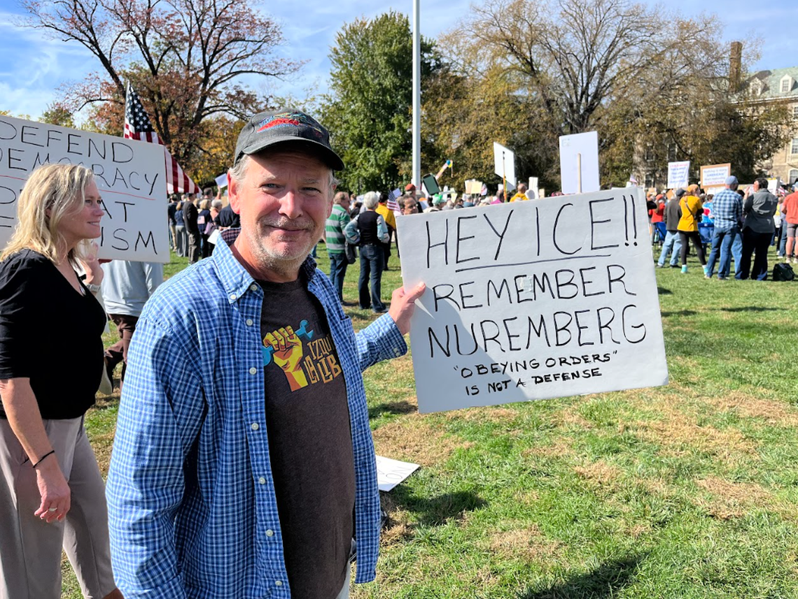 State College resident Butch Leitzinger attended Saturday’s No Kings protest, which was held in opposition of the actions taken by President Donald Trump and his administration. The event was one of more than 2,500 scheduled No Kings protests to take place across the country Saturday.
