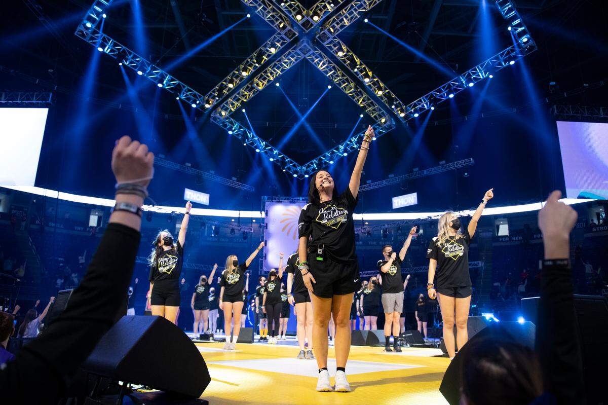 Dancer Relations Captains perform the line dance on Saturday during Thon.