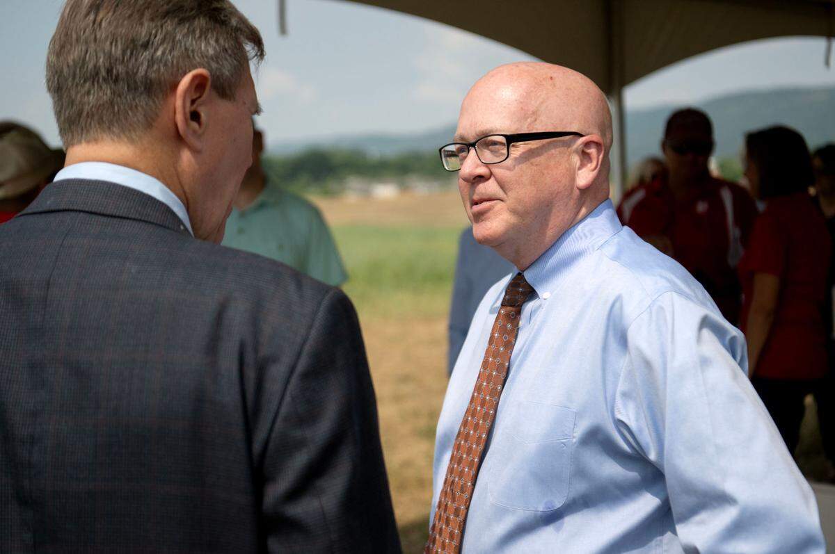 Roy Rakszawski, who recently started as Bellefonte Area School District superintendent, chats with state Rep. Paul Takac at the groundbreaking ceremony for the new elementary school on Friday, June 21, 2024.