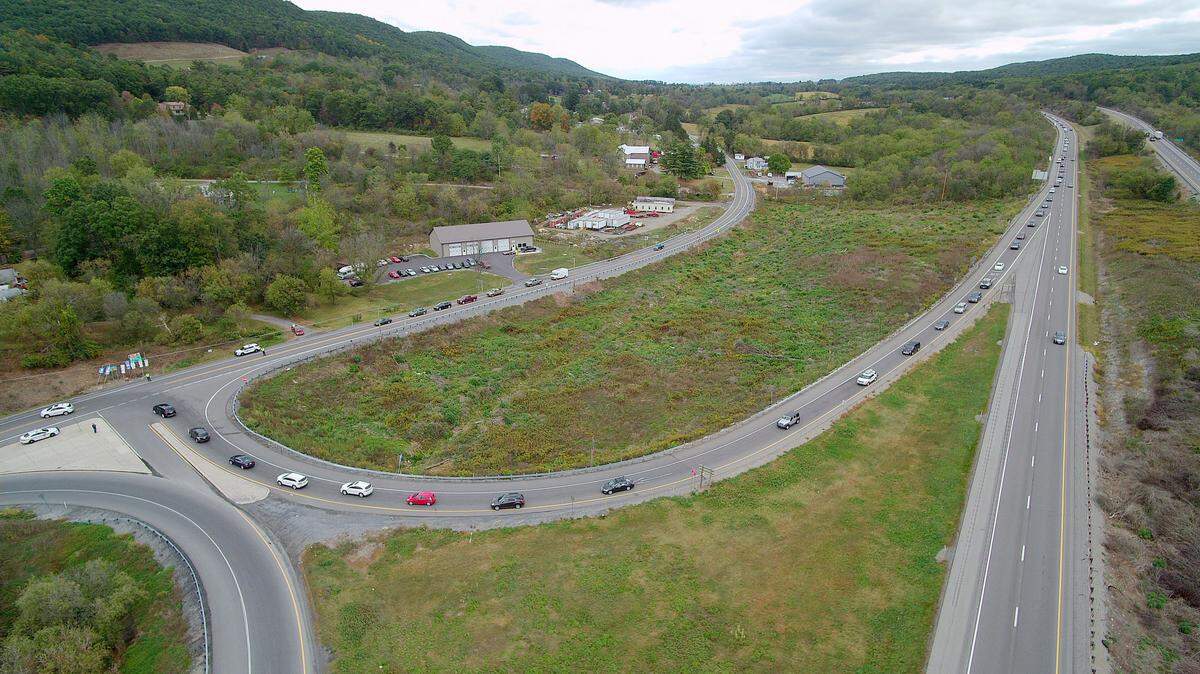 An aerial view of the I-99/I-80 interchange near Bellefonte.