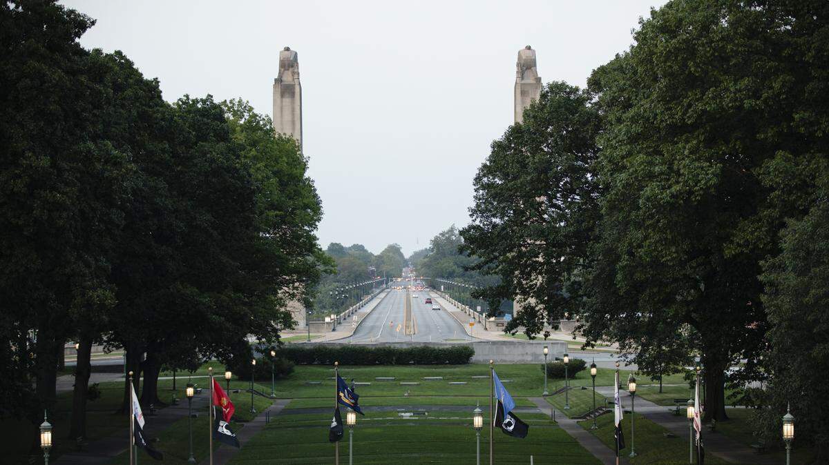 A view of State Street in Harrisburg from the Pennsylvania Capitol.