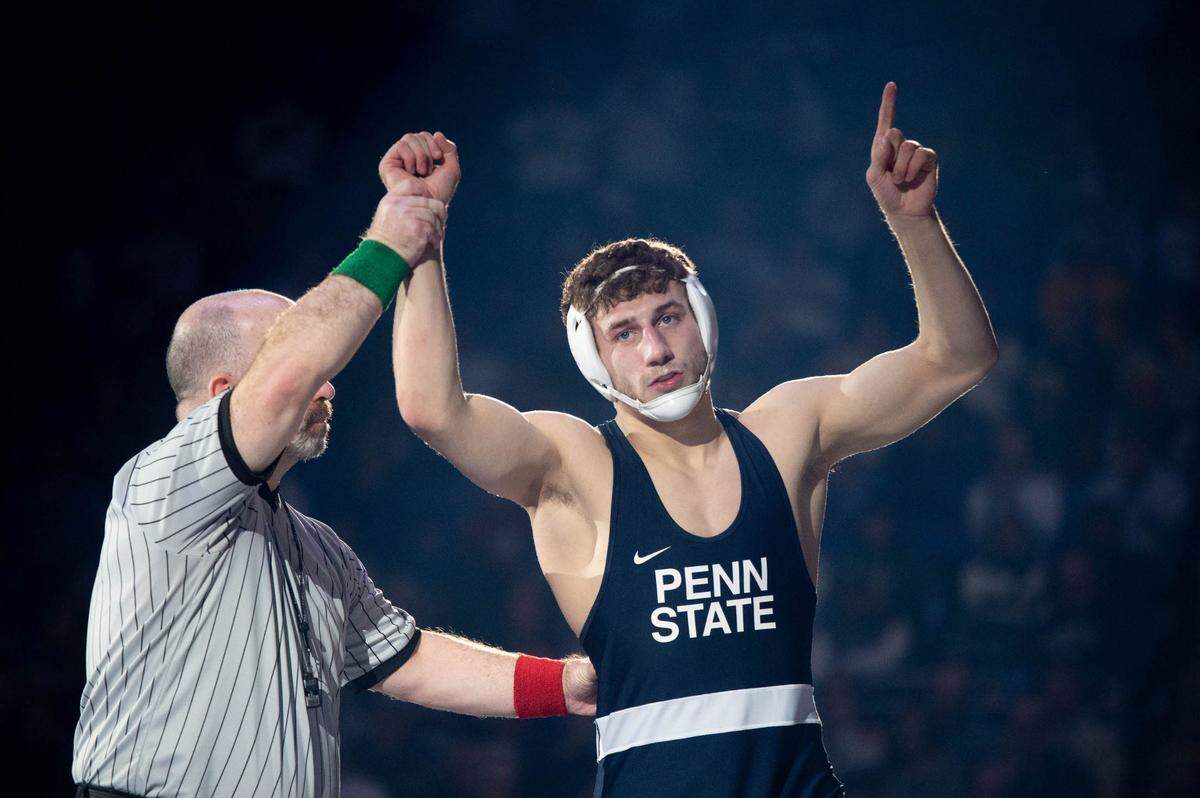 At 165, Mitchell Mesenbrink celebrates winning his bout against Cooper Voorhees during the dual meet between Penn State and Wyoming on Sunday, Dec. 15, 2024.