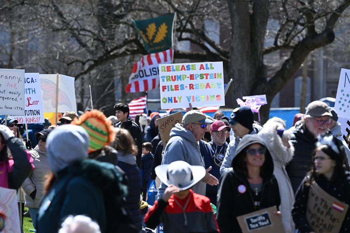 Thousands of people gathered on Old Main lawn for the No Kings anti-Trump rally on Saturday.