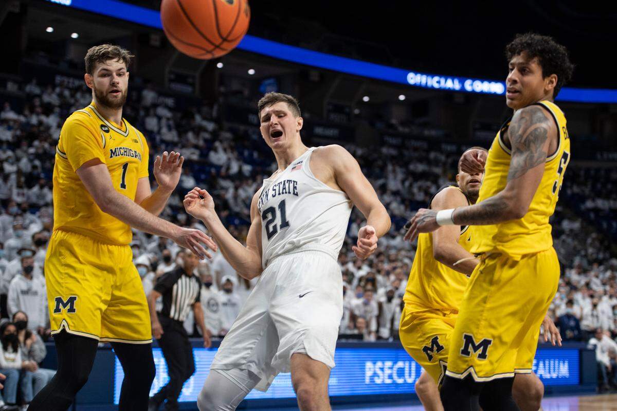 Penn State forward John Harrar reacts after the ball goes out of bounds during Tuesday night’s game between Penn State and Michigan at the Bryce Jordan Center.