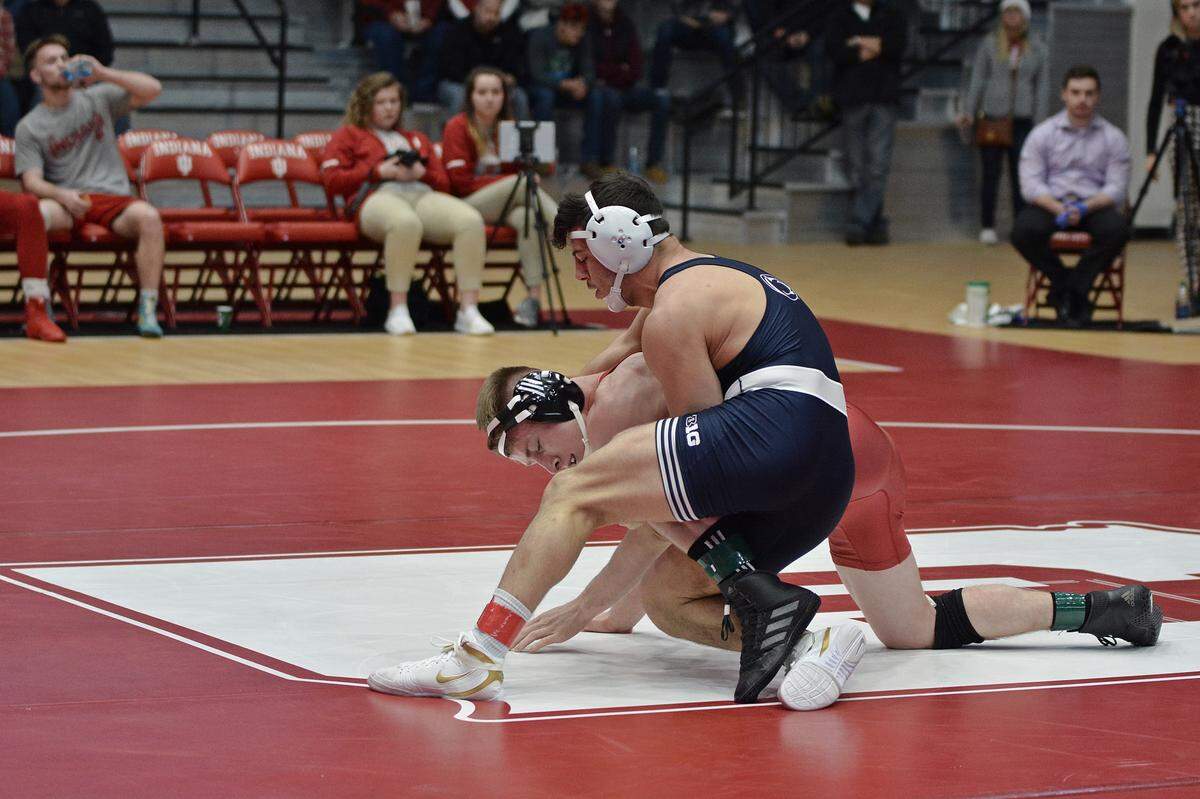 Penn State’s Vincenzo Joseph locks up a cradle on Indiana’s Bryce Martin in their 165-pound bout of the Nittany Lions’ 35-9 win on Sunday, January 27, 2019. Joseph pinned Martin in 1:23 for his 10th pin of the year.