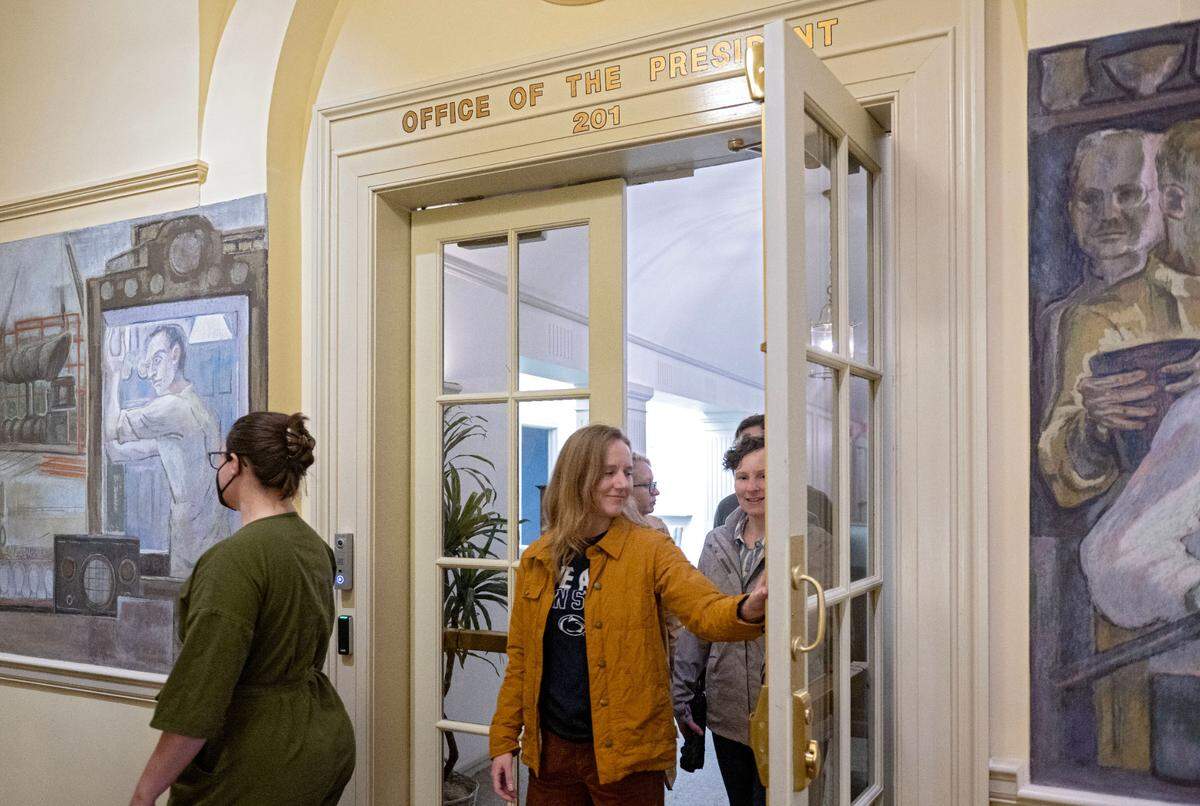 Sasha Koles and Kate Ragon along with fellow members of the Penn State Faculty Alliance delivered a petition to Penn State President Neeli BendapudiÕs office in Old Main on Wednesday, May 21, 2025.