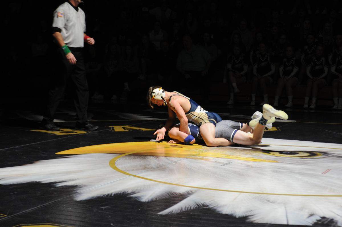 Bald Eagle Area’s Coen Bainey controls Philipsburg-Osceola’s Nick Coudriet in their 113-pound bout in the Eagles’ 45-26 win on Thursday. Bainey topped Coudriet 5-0.