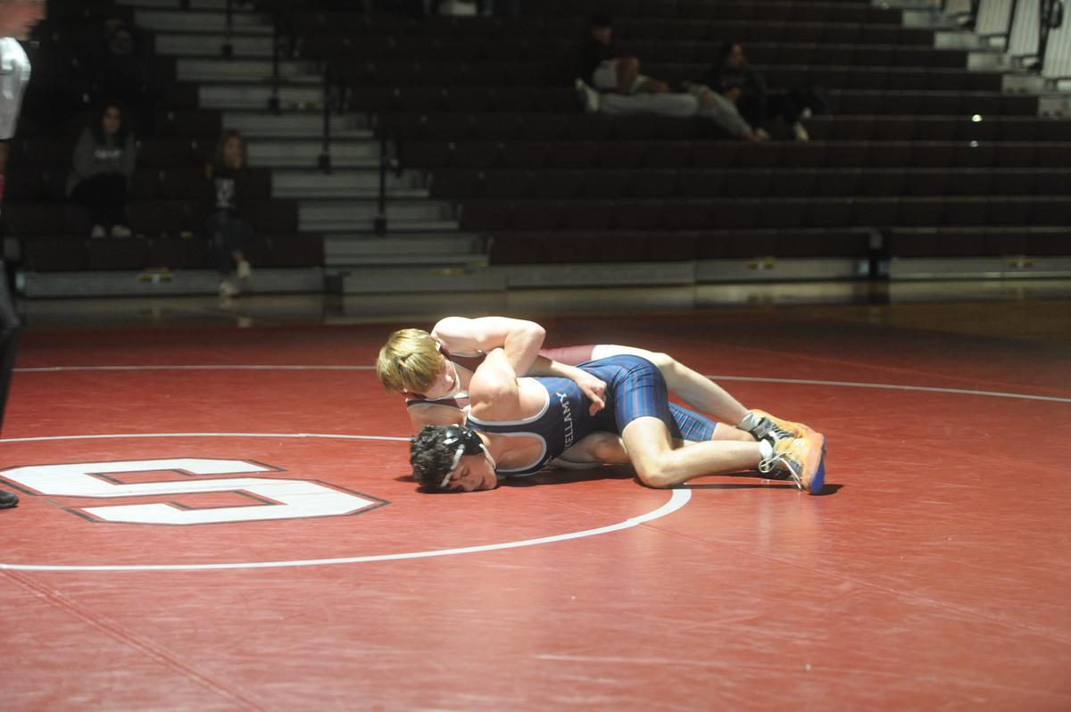 State College’s Asher Cunningham goes for the tilt on Shikellamy’s Cole Wetzel during their 152-pound bout of the Little Lions’ 36-35 loss on Wednesday, Dec. 7, 2022. Cunningham secured a 15-0 technical fall in 3:54.