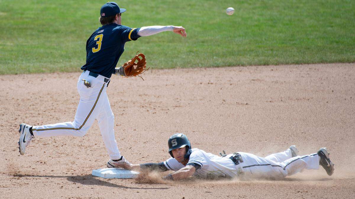 Penn State infielder Gavin Homer (2) slides into second base during the Penn State Baseball’s game against Michigan at Medlar Field on Saturday, March 27, 2021 in University Park, PA.