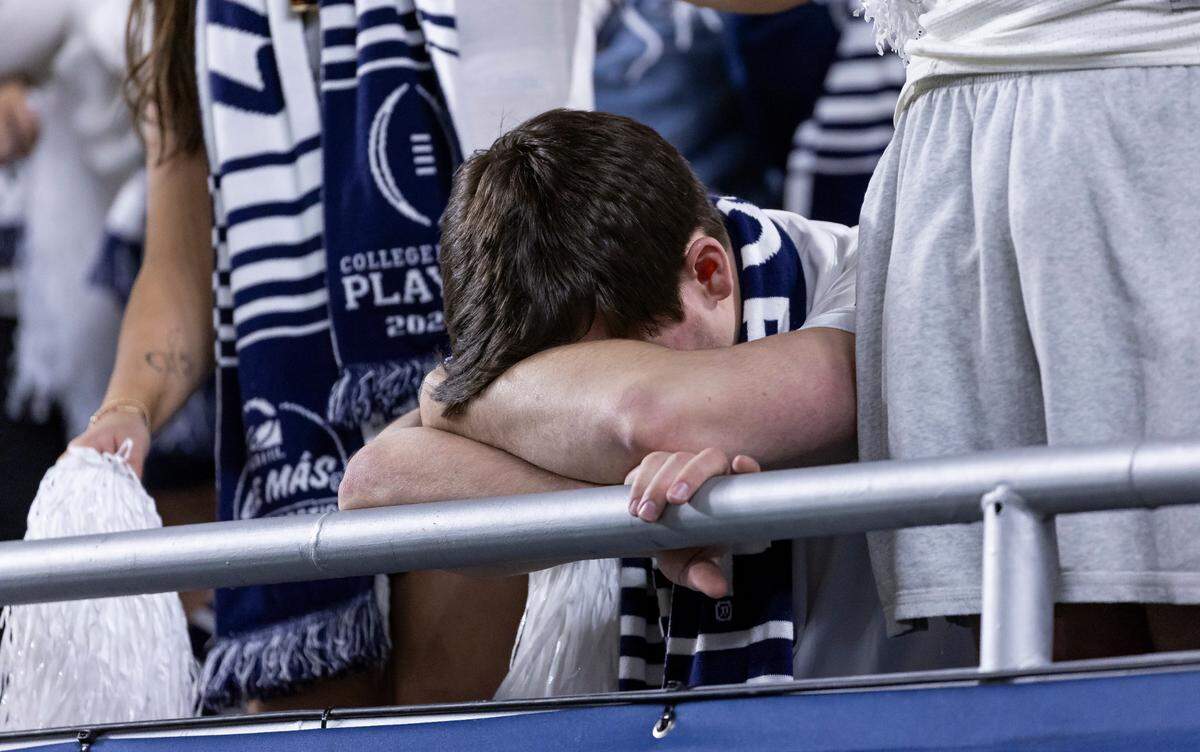 A Penn State Nittany Lions fans reacts after a play against the Notre Dame Fighting Irish in the second half of their College Football Playoff Semifinal Capital One Orange Bowl game at Hard Rock Stadium on Thursday, Jan. 9, 2025, in Miami Gardens, Fla.