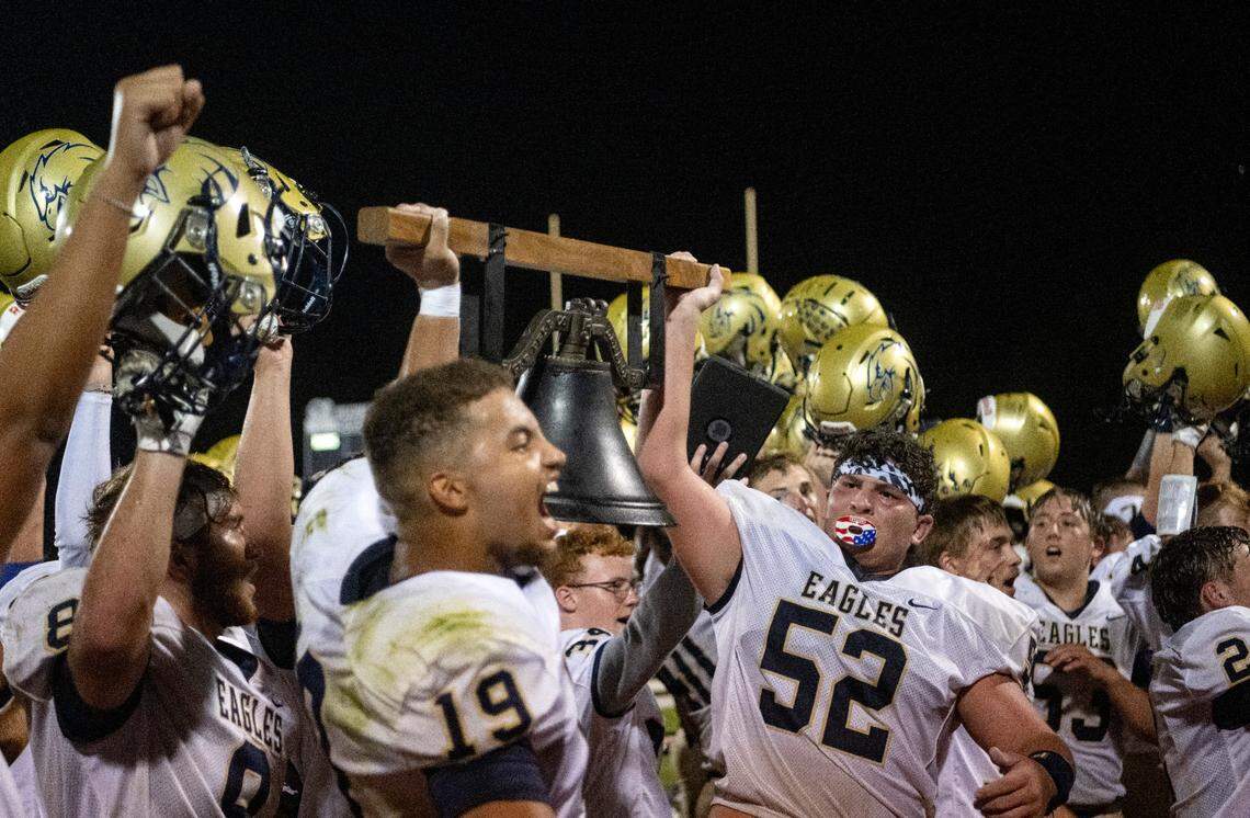 Bald Eagle Area football celebrates their 28-23 win over Penns Valley on Friday, Sept. 8, 2023.
