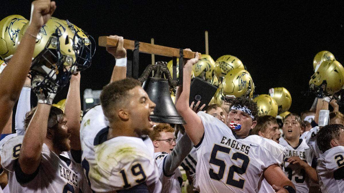 Bald Eagle Area football celebrates their 28-23 win over Penns Valley on Friday, Sept. 8, 2023.  