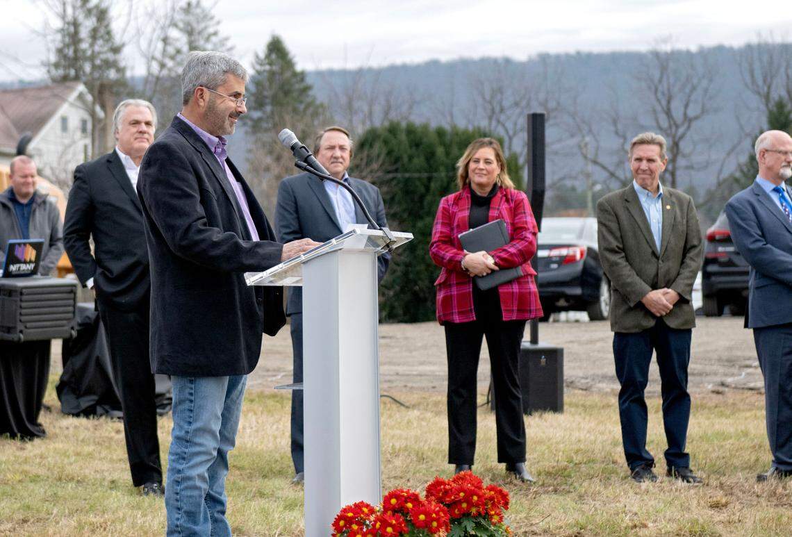 Ed Maxwell, president and CEO of Maxwell Companies, speaks during the groundbreaking ceremony for the new Home2 Suites by Hilton hotel off of Shiloh Road in College Township on Tuesday, Nov. 19, 2024.