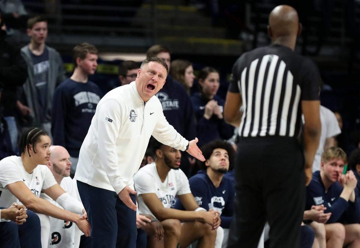 Mar 1, 2025; University Park, Pennsylvania, USA; Penn State Nittany Lions head coach Mike Rhoades argues a call with an official during the first half against the Maryland Terrapins at Bryce Jordan Center. Mandatory Credit: Matthew O'Haren-Imagn Images