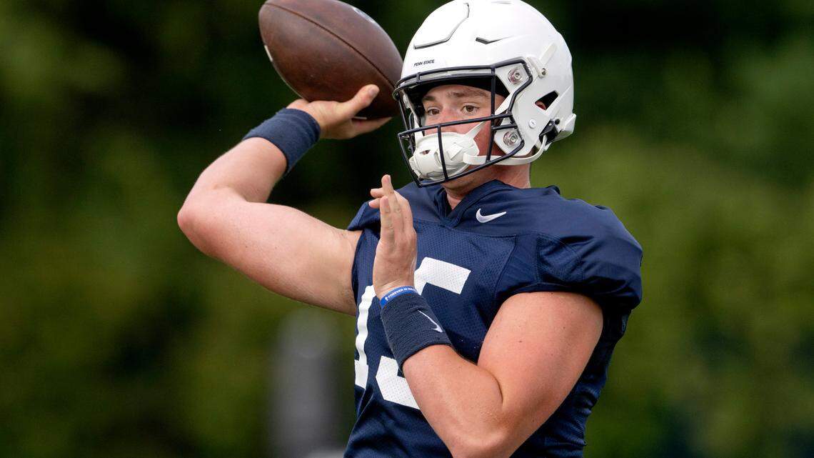 Penn State quarterback Drew Allar makes a pass during practice on Wednesday, Aug. 10, 2022.