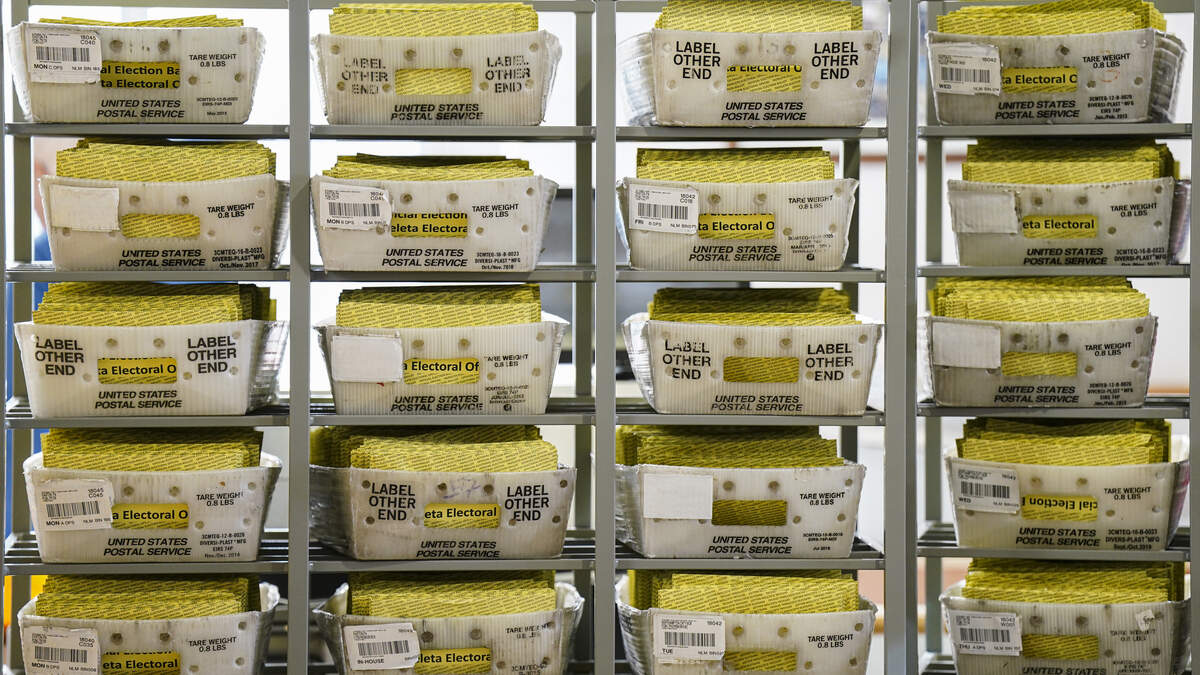 Workers sort mail-in ballots Nov. 5, 2024, at Northampton County Courthouse in Easton, Northampton County, Pennsylvania. (Matt Smith / For Spotlight PA)