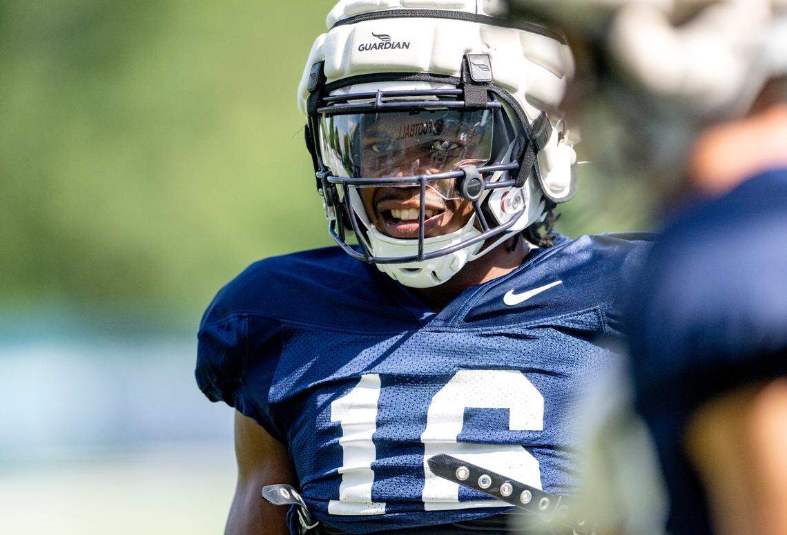 Penn State safety Ji’Ayir Brown watches his teammates as they run a drill during practice on Saturday, Aug. 20, 2022.