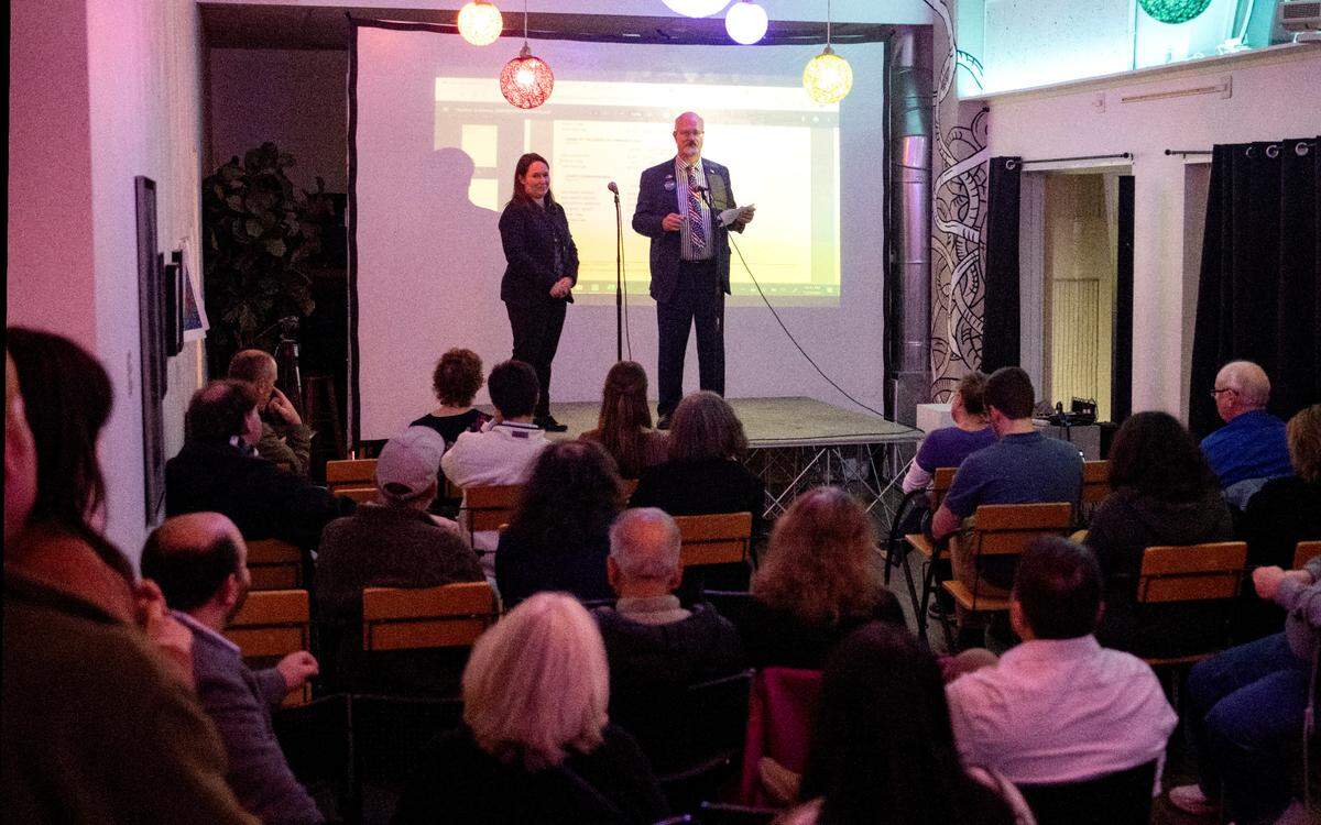 Amber Concepcion and Mark Higgins share their thanks for being elected commissioners during the Centre County Democrats’ Election Night party on Tuesday, Nov. 7, 2023 at 3 Dots Downtown.