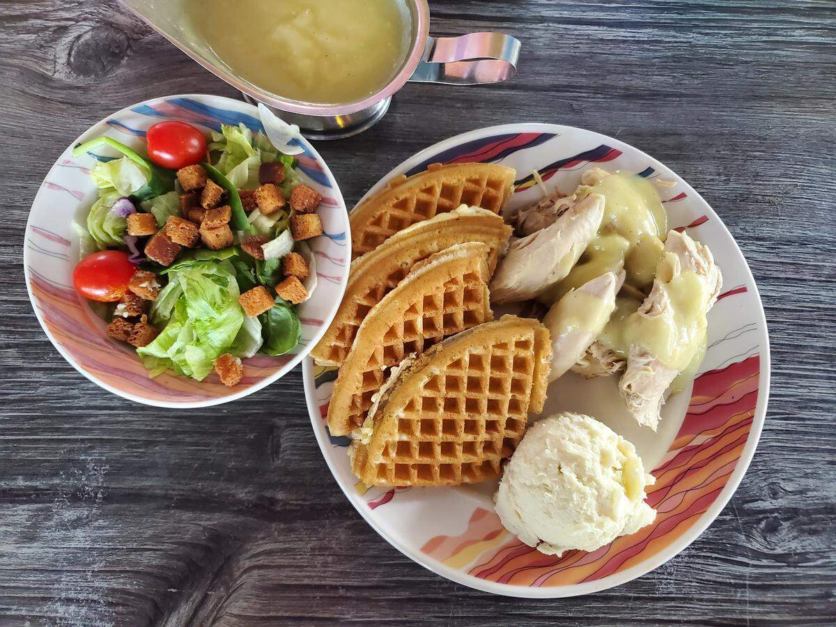 Chicken and waffles, and a salad from the Alamo restaurant at Knoebels.