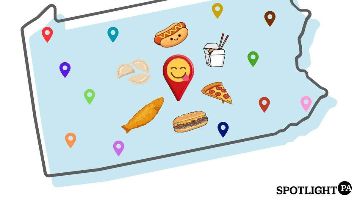 Illustration of Pennsylvania with select food items and location pins placed across the state.