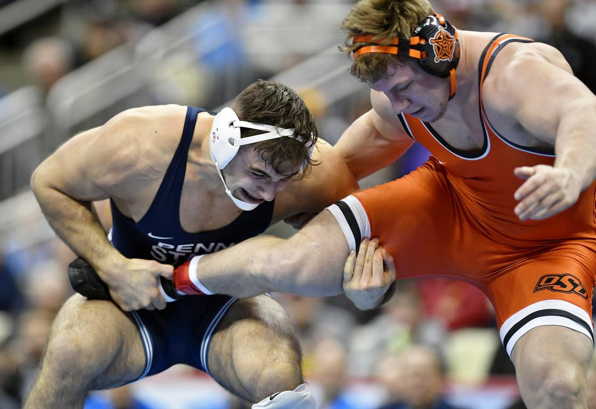 Penn State’s Anthony Cassar controls Oklahoma State’s Derek White in the 285 lb championship bout at the NCAA Division 1 Wrestling championships on Saturday, March 23, 2019 at PPG Paints Arena. Cassar won by major decision, 10-1.