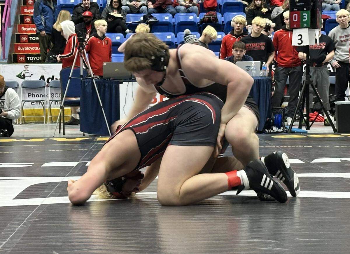 State College’s Noah Williams controls Boyertown’s Josh Larrimore in their 189-pound bout on Saturday, Feb. 7, 2026 in 1st Summit Arena in Johnstown at the consolation quarterfinals of the PIAA Class 3A Team Wrestling Championships. Williams secured an 11-5 win, but the Little Lions lost overall 29-27.