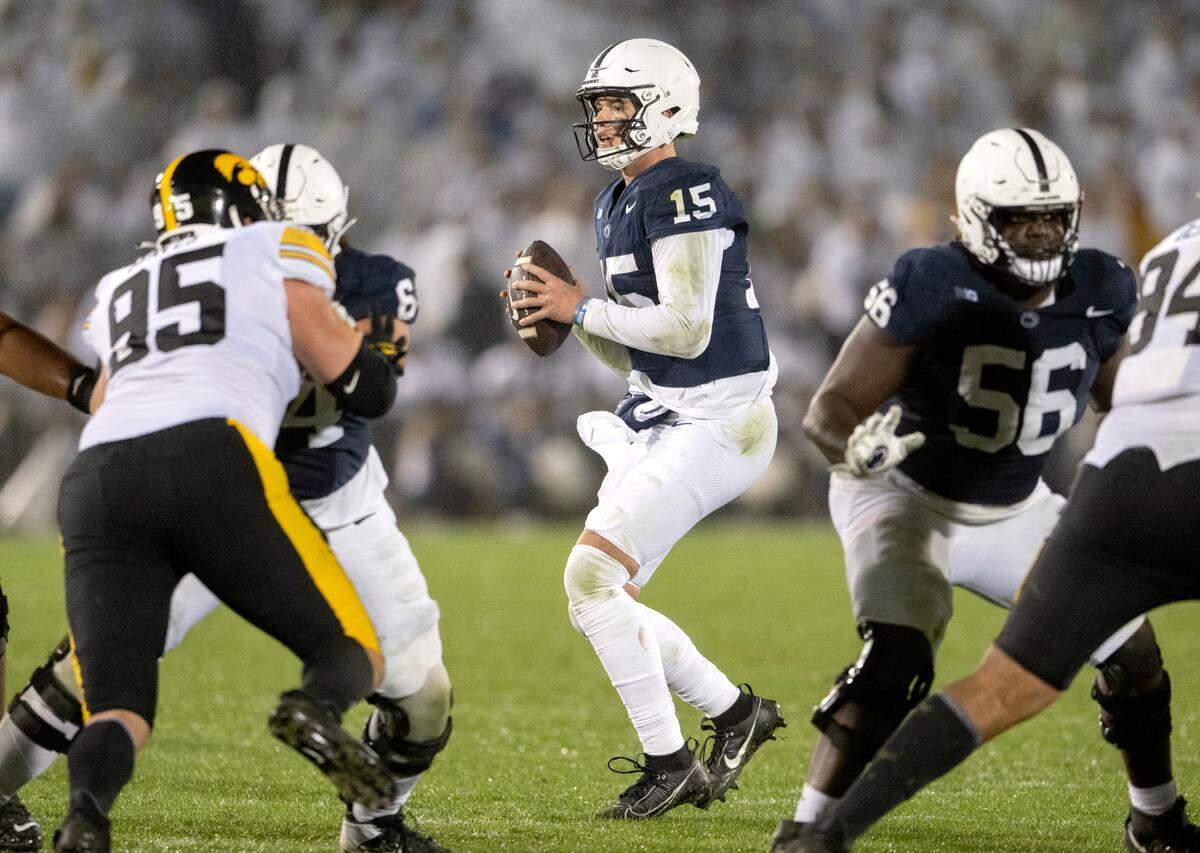 Penn State quarterback Drew Allar looks to make a pass during the game against Iowa on Saturday, Sept. 23, 2023.