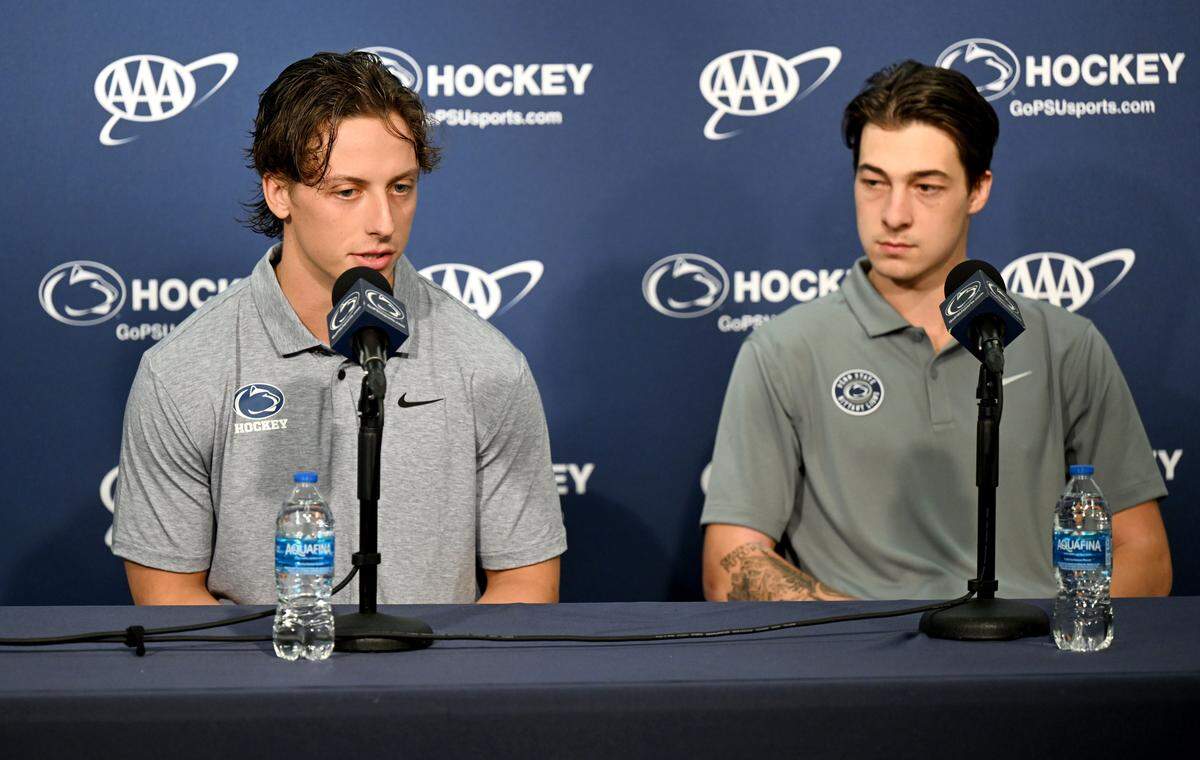 Penn State men’s hockey team captain Dane Dowiak answers questions during media day on Monday, Sept. 29, 2025.