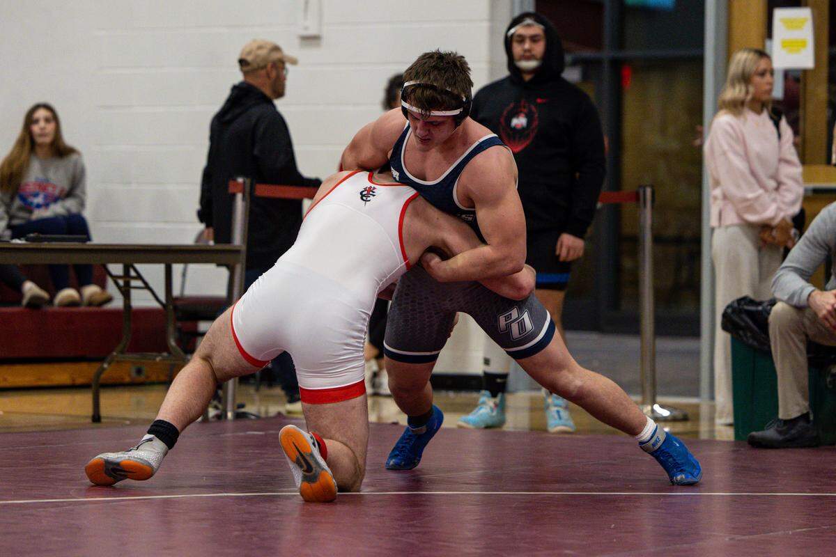 Philipsburg-Osceola’s Colton Chapman fights off a shot attempt from Central Cambria’s Jeremy Hajzus in their 189-pound fifth-place match of the District 6 Class 2A Championships on Sautrday, Feb. 14, 2026, in Altoona. Hajzus beat Chapman, 4-1, in sudden victory.