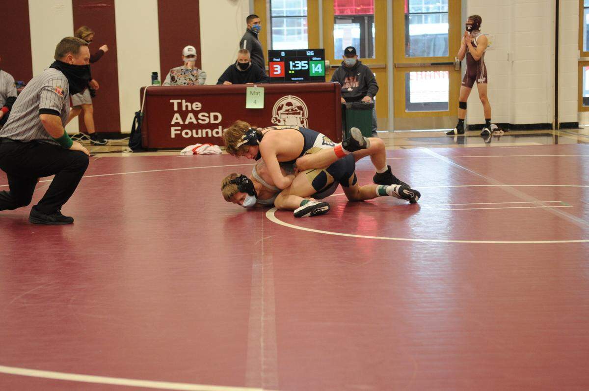 Bald Eagle Area’s Cooper Gilham secured his 100th career victory on Saturday, when he beat Bellefonte’s Nate Smith (not pictured) in the third-place match at 126 pounds of the Big 7 tournament.