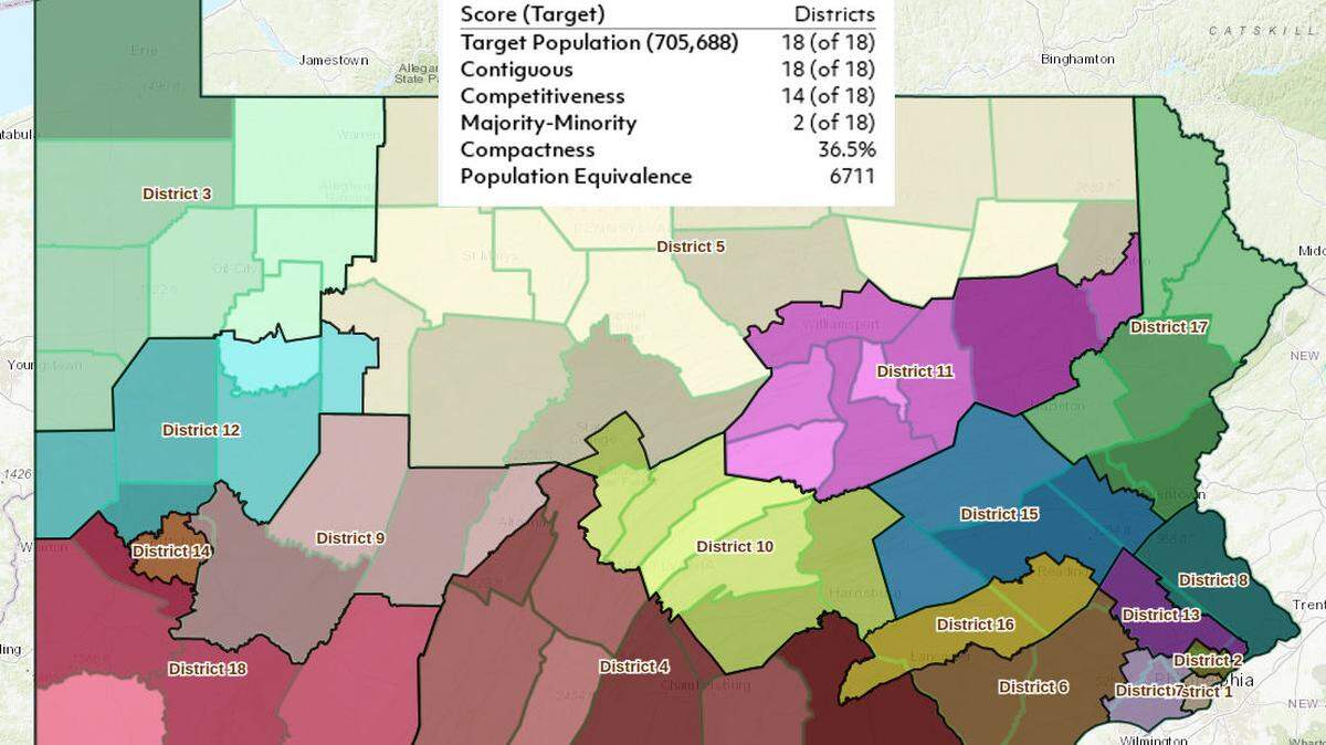 The winning youth division Pennsylvania Congressional district map designed by State High sophomore Kyle Hynes.