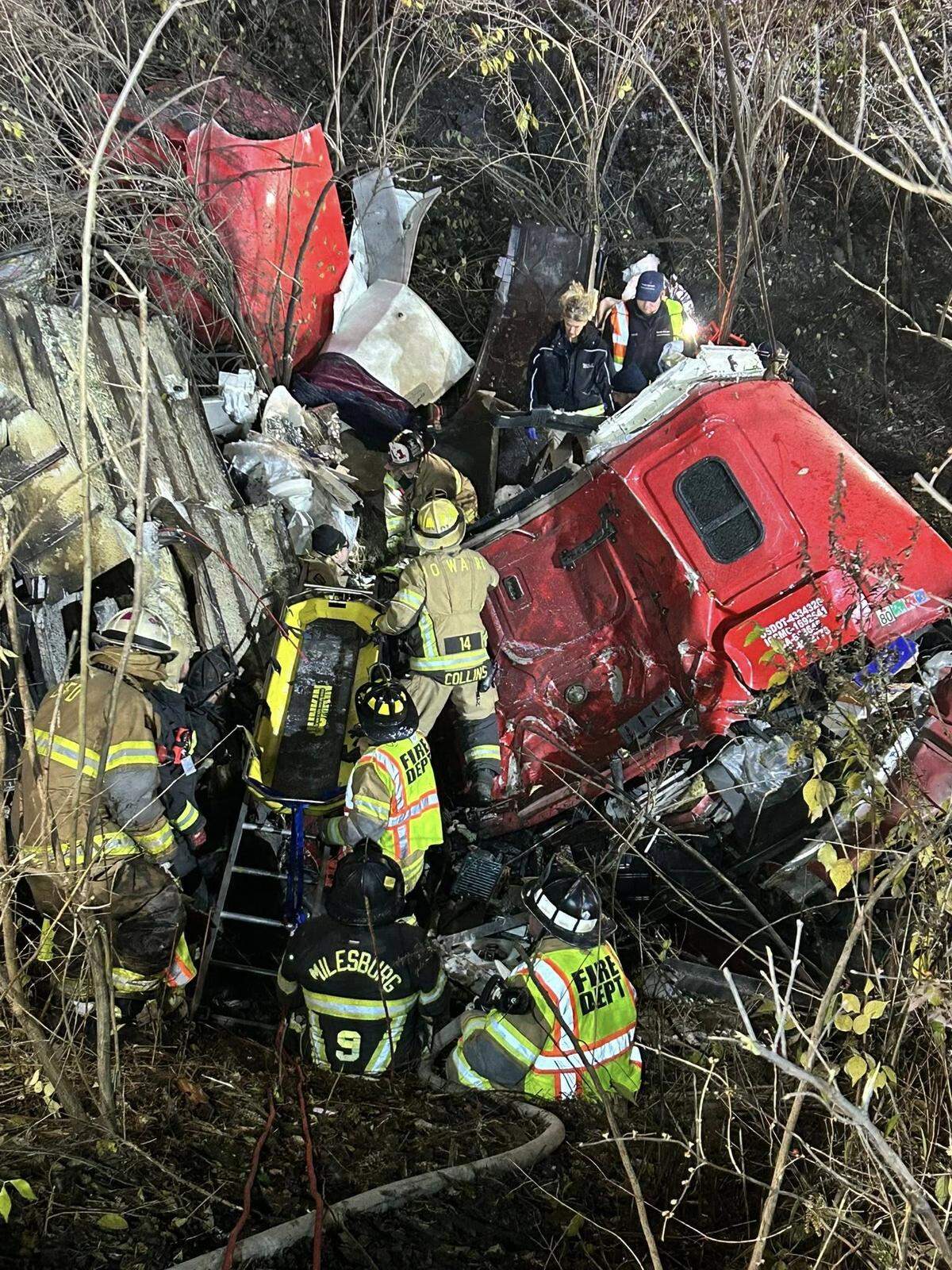 Emergency crews respond to a tractor-trailer crash on Interstate 80 in Boggs Township early Tuesday morning.