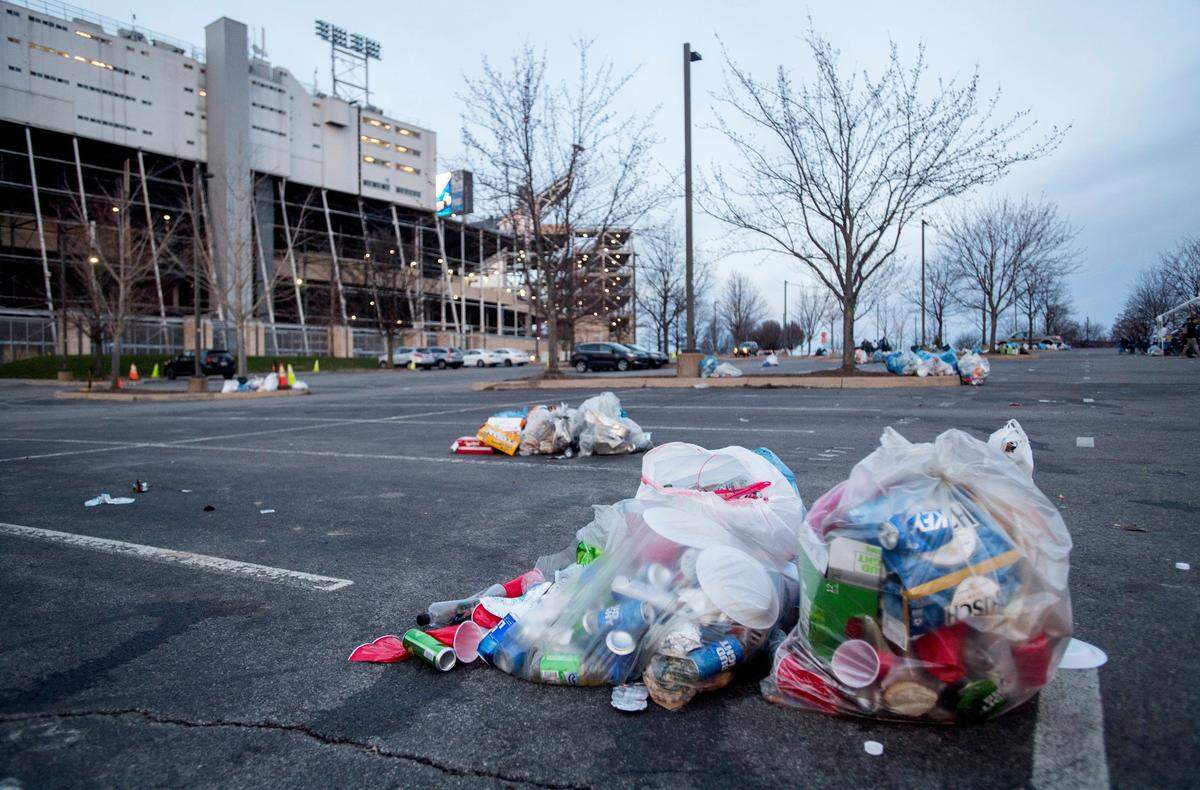 Trash litters the tailgating lots after Penn State’s 2018 Blue-White Game.