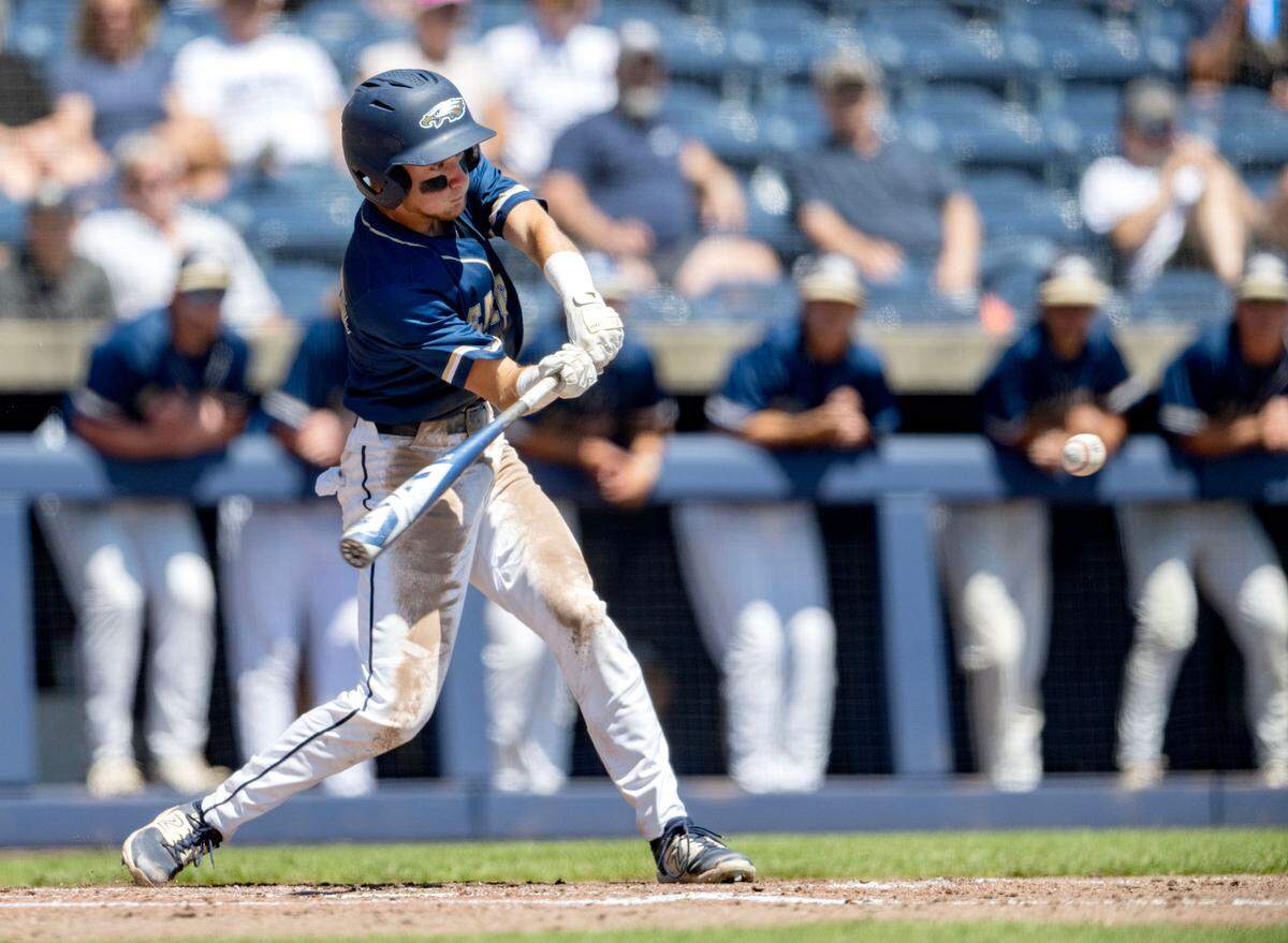 Bald Eagle Area’s Gavin Burns hits a double that scores two runs in the top of the fifth inning of the PIAA 2A championship game against Tri-Valley at Medlar Field on Thursday, June 13, 2024.