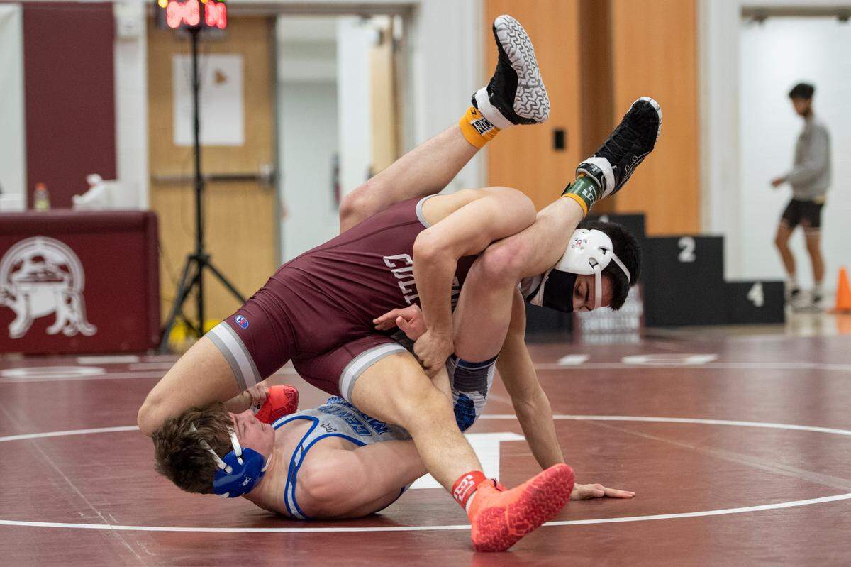 State College’s Owen Woolcott wrestles Central Mountain’s Luke Simcox during the PIAA NW AAA Regional Wrestling Tournament at Altoona Area High School on Feb. 27, 2021 in Altoona, PA.