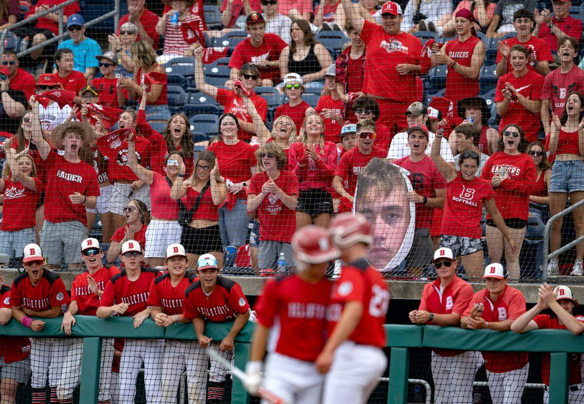 A Bellefonte section cheers after a run was scored during the PIAA Class 4A championship game against Dallas at Medlar Field on Saturday, June 17, 2023.