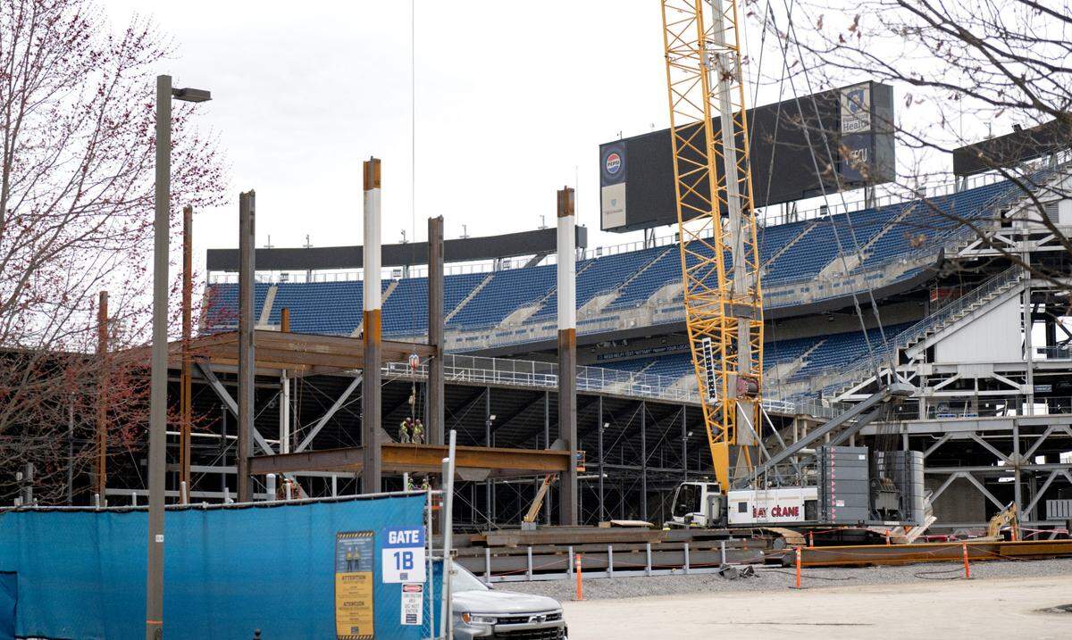 New beams are being installed as construction on the west side of Beaver Stadium continues on Wednesday, April 2, 2025.