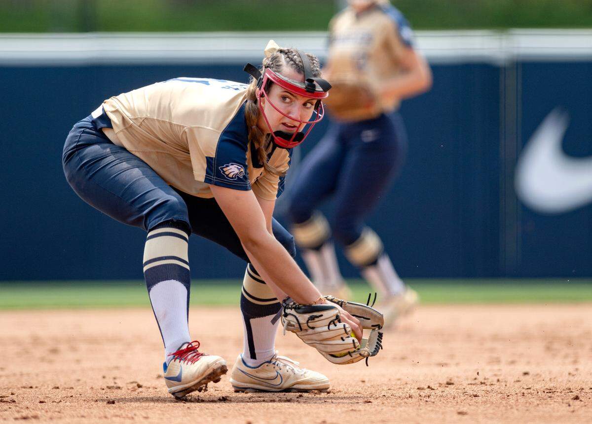 Bald Eagle Area’s Rachel Bryan watches the runner on third as she fields the ball and makes the play at first for an out during the PIAA Class 2A championship game against Everett at Beard Field on Thursday, June 15, 2023.