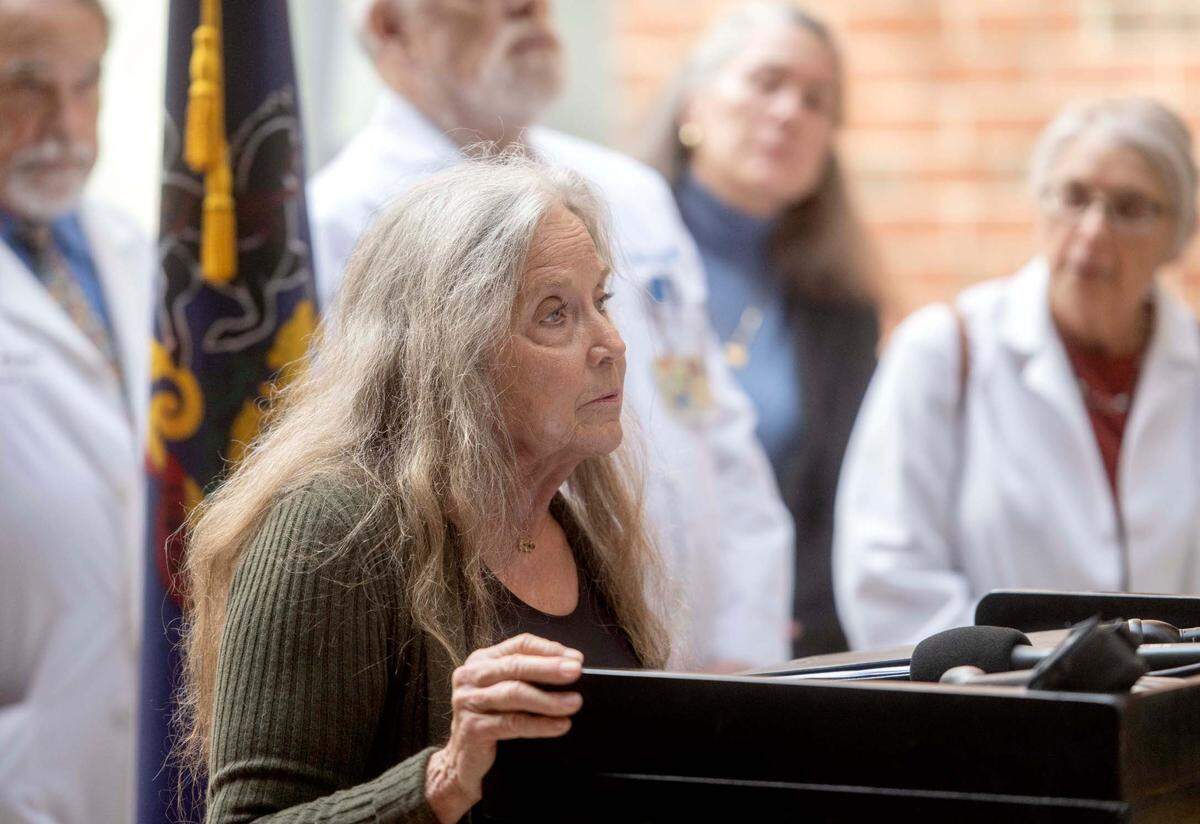 Dr. Jeanette Trusty nd fellow Centre County doctors gathered on Monday, Oct, 24, 2022 to speak against Mehmet Oz.
