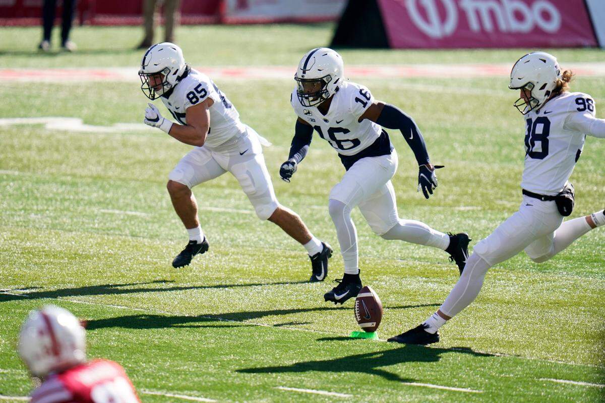 Penn State kicker Jordan Stout (98) kicks off during the first against Nebraska, in Lincoln, Neb., Saturday, Nov. 14, 2020.