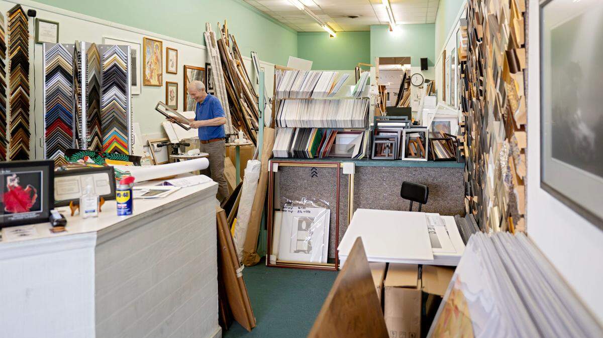 Bill Ebken works on a frame at The Frame Factory and Gallery at 426 Westerly Parkway on Wednesday, July 10. 2024. The business is relocating to 137 W. High Street in Bellefonte this summer.