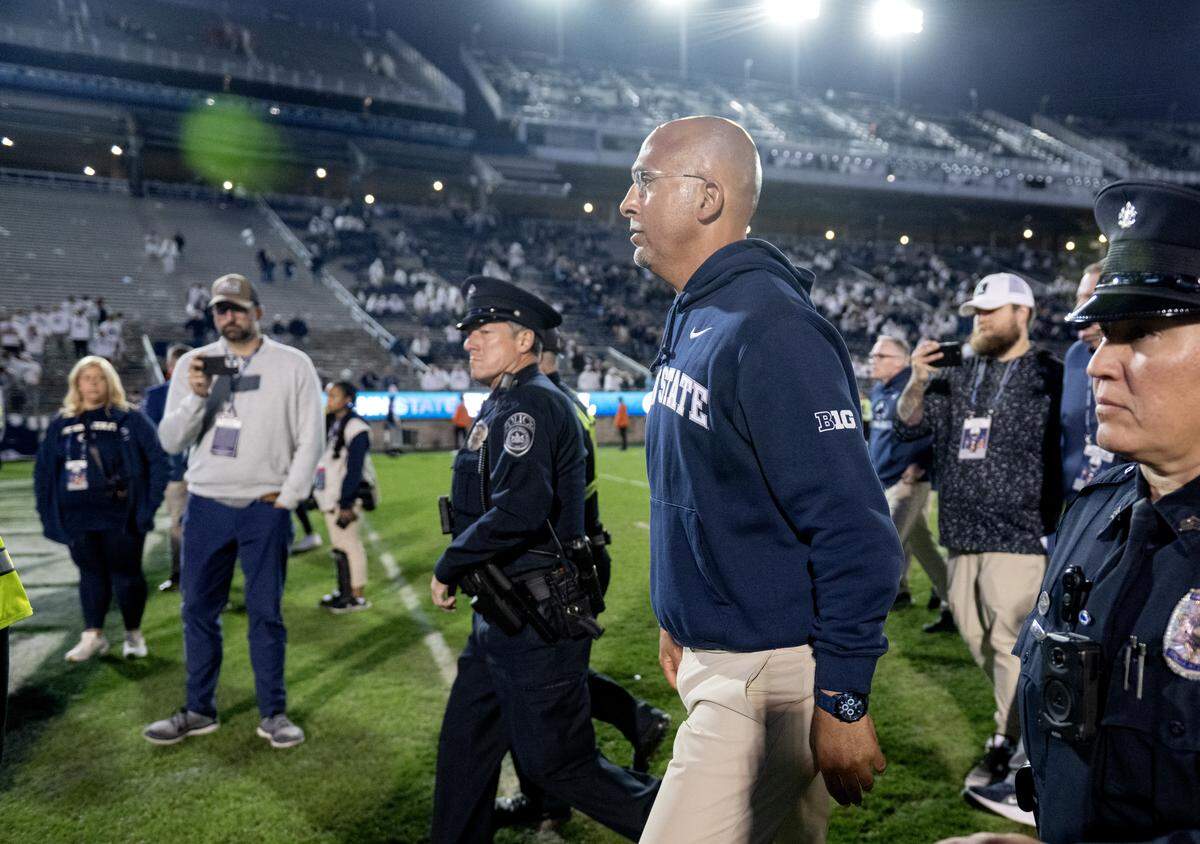 Penn State football coach James Franklin walks off the field after the loss to Northwestern on Saturday, Oct. 11, 2025.  