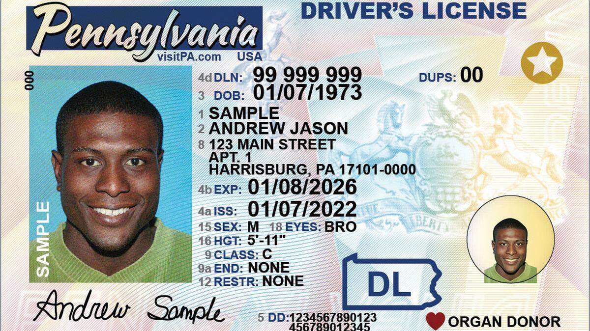 This sample commonwealth driver’s license shows what Pennsylvania’s REAL IDs look like. It is denoted by the gold star in the upper righthand corner.