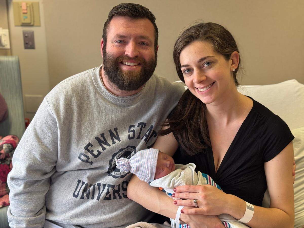 New parents Kristen and Dakoda Smeltz, of Lewistown, with their baby boy born on Jan. 2, 2025. He is the first baby of the New Year at Mount Nittany Health.